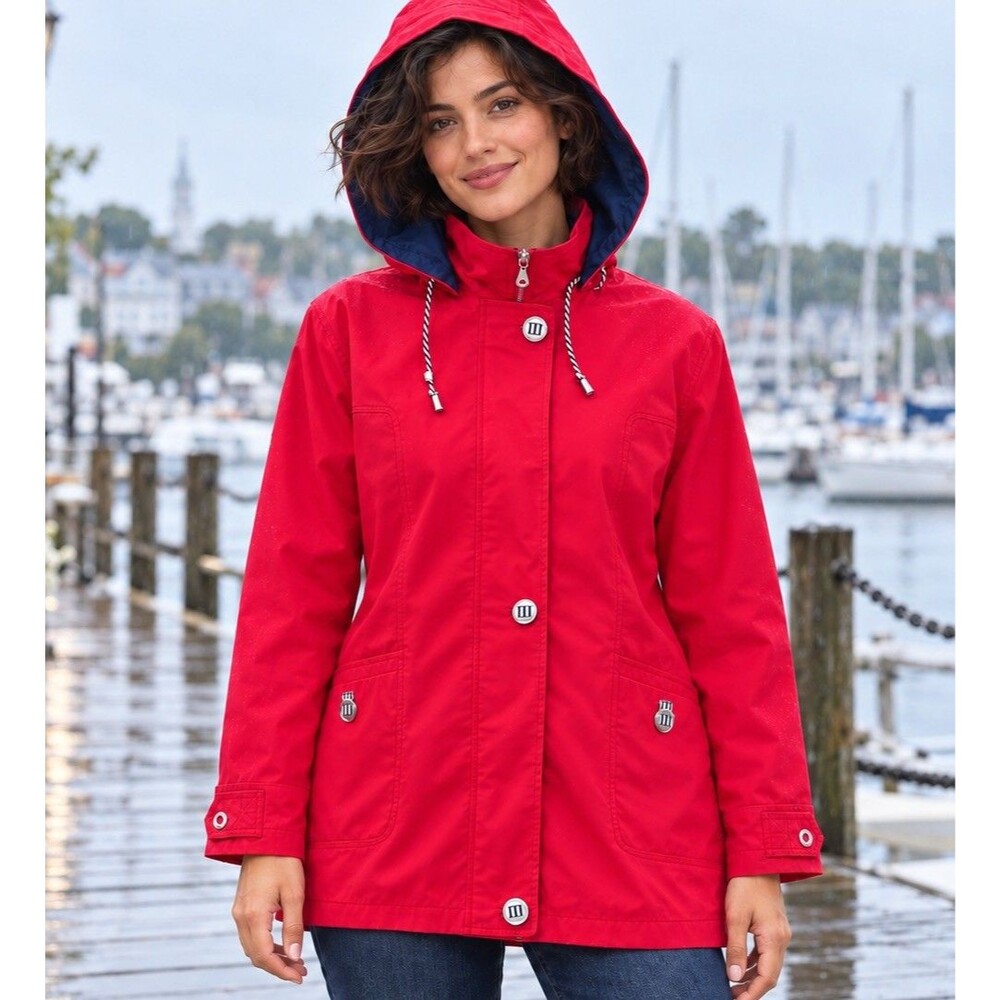 Vintage Mackintosh New England Womens Red Hooded Nautical Utility Rain Jacket M